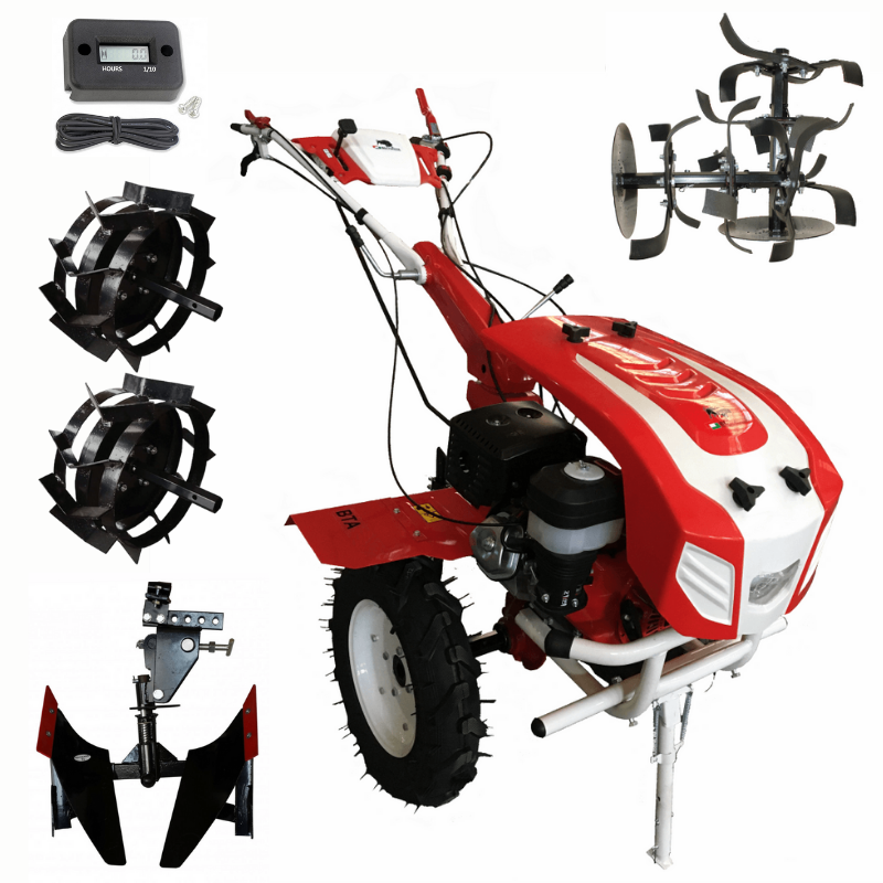 Bisonte BTA-16SG kapálógép  420ccm 16Le, Sebesség: 2 előre - 1 hátra, 2x5 kapatag, gumikerekekkel, vaskerékkel, váltvaforgatós ekével, üzemóra számlálóval 