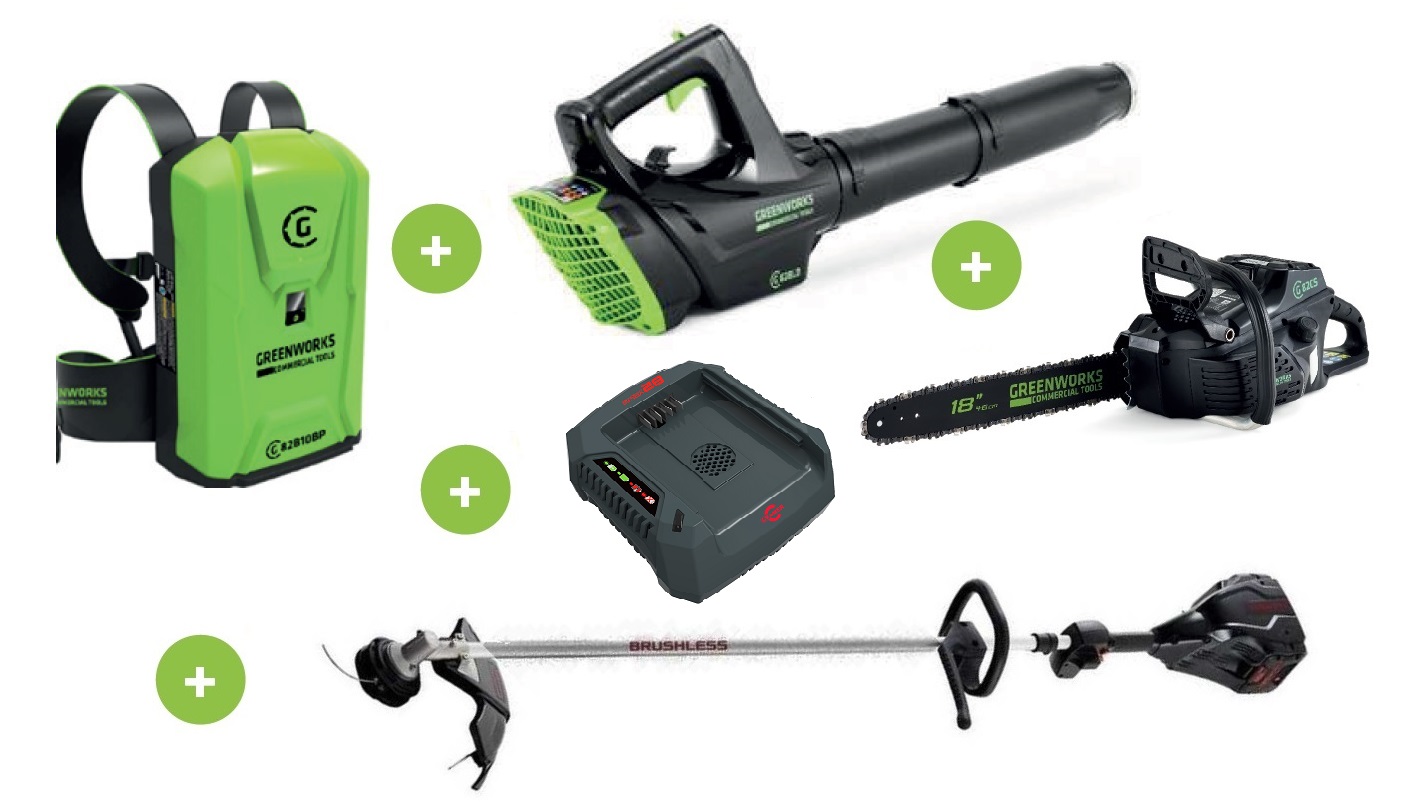 Greenworks 82V nagy készlet háti aksi, fűkasza, lombfúvó, láncfűrész